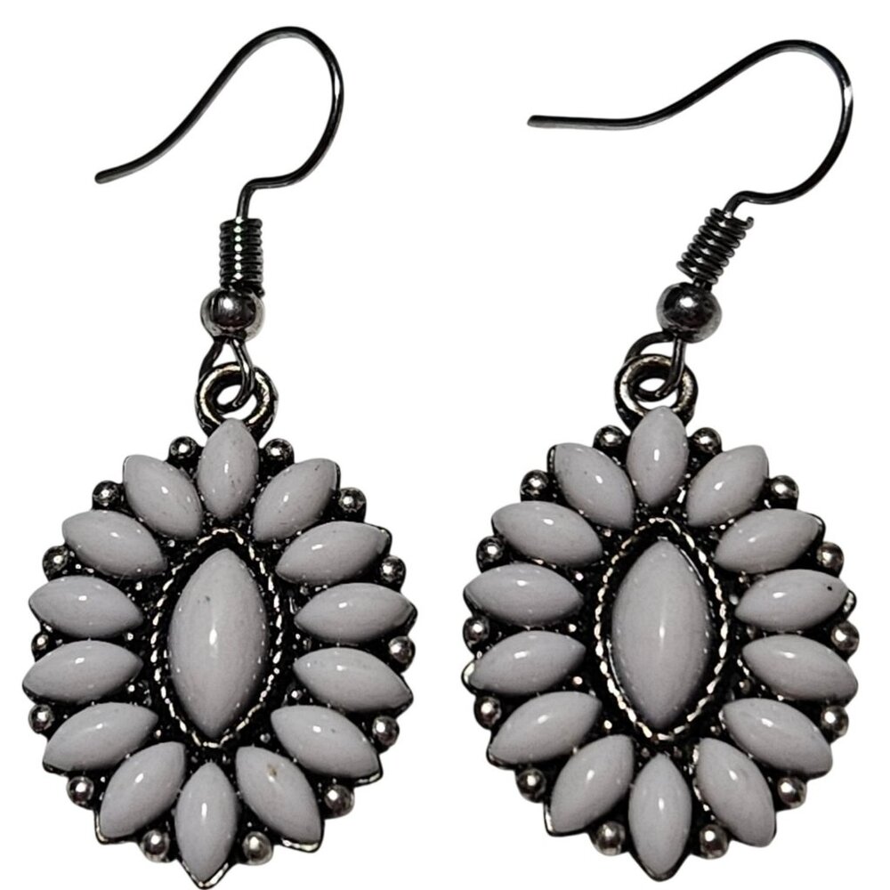 Antique Silver Sunburst Dangle Earrings White Beaded Design Fashion Jewelry